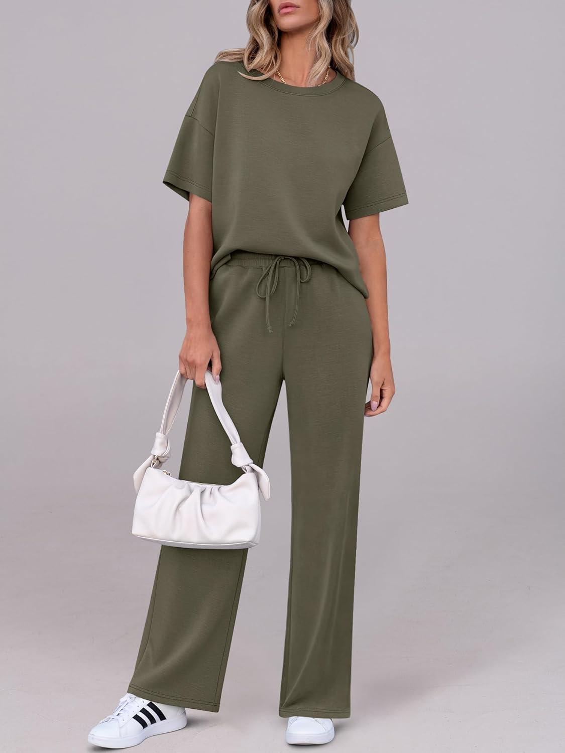 imageANRABESS Womens Lounge Sets 2 Piece Outfits Summer Casual Short Sleeve Sweatsuits Matching Tracksuits Wide Leg Pant SetArmy Green