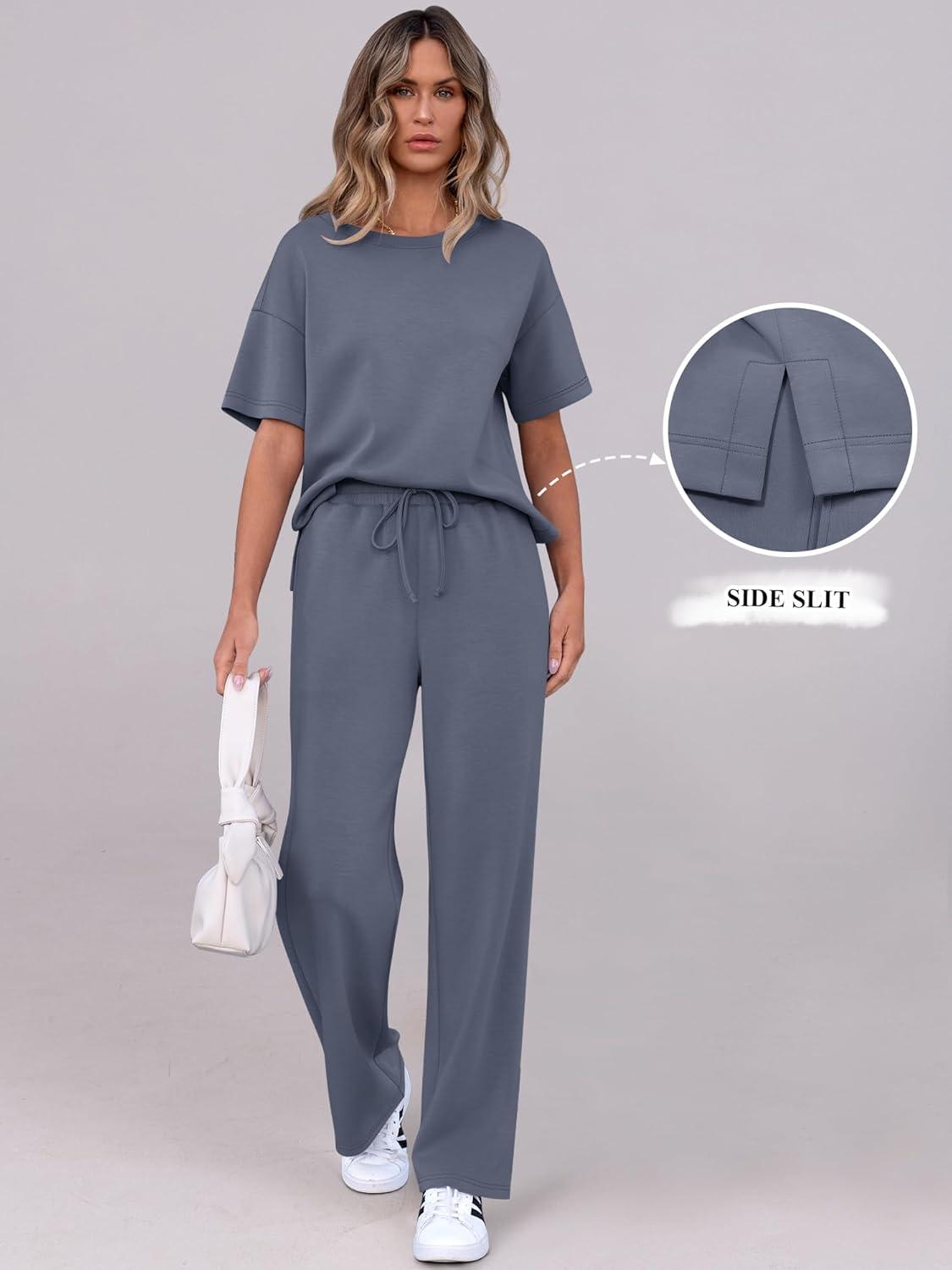 imageANRABESS Womens Lounge Sets 2 Piece Outfits Summer Casual Short Sleeve Sweatsuits Matching Tracksuits Wide Leg Pant SetDeep Gray