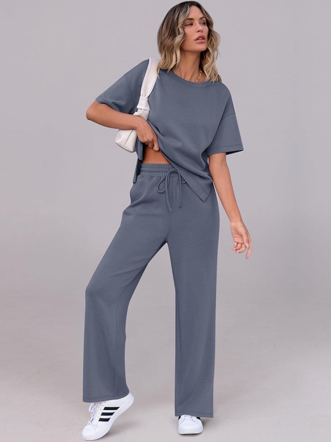 imageANRABESS Womens Lounge Sets 2 Piece Outfits Summer Casual Short Sleeve Sweatsuits Matching Tracksuits Wide Leg Pant SetDeep Gray