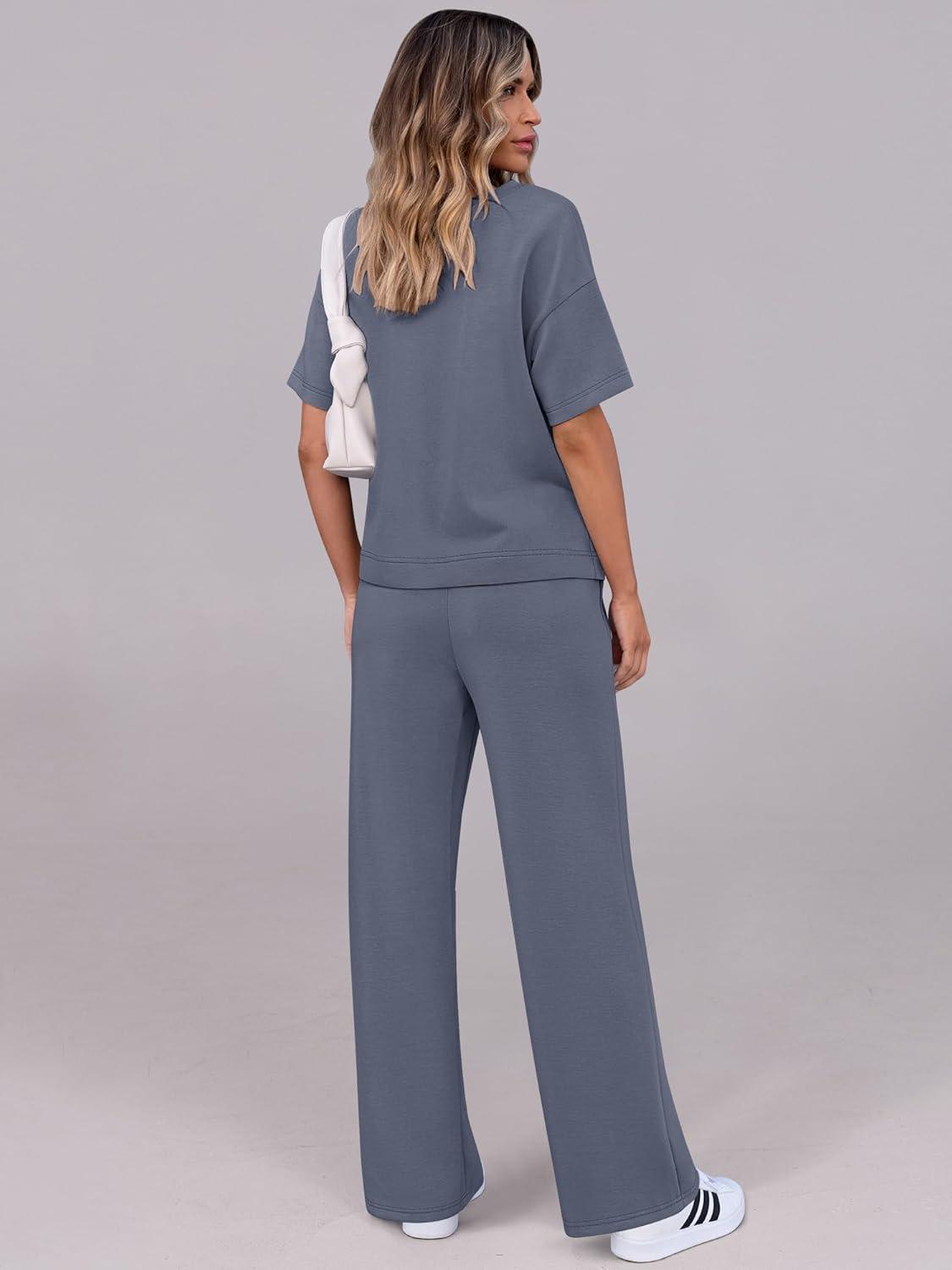 imageANRABESS Womens Lounge Sets 2 Piece Outfits Summer Casual Short Sleeve Sweatsuits Matching Tracksuits Wide Leg Pant SetDeep Gray