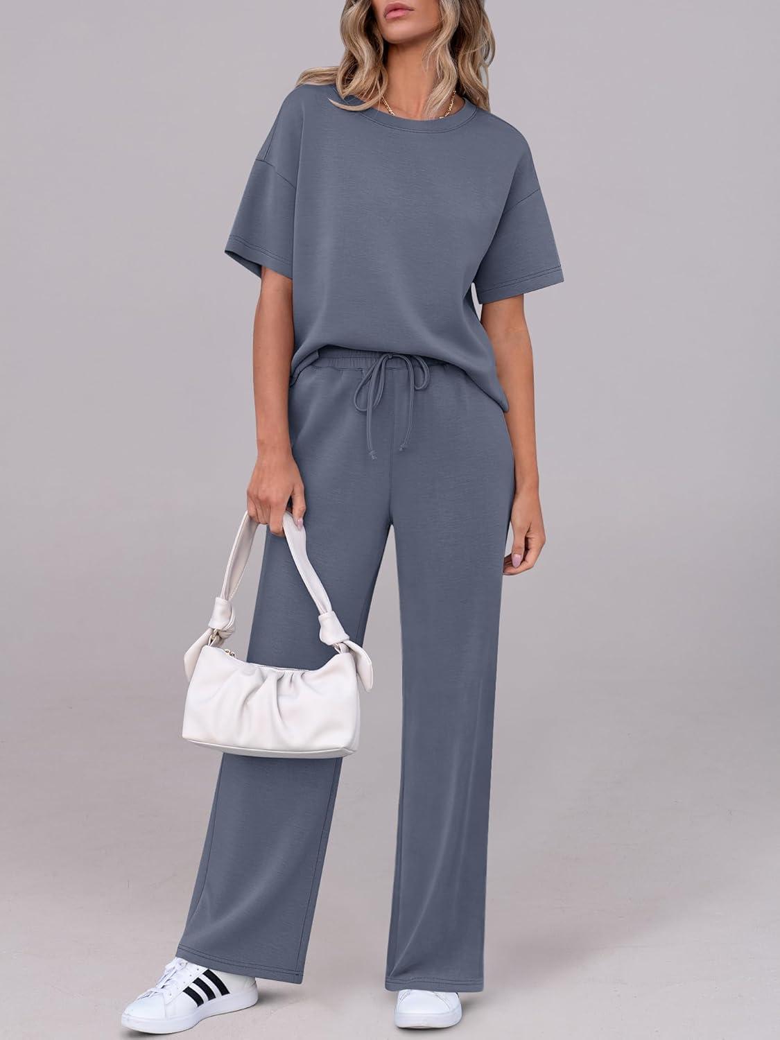 imageANRABESS Womens Lounge Sets 2 Piece Outfits Summer Casual Short Sleeve Sweatsuits Matching Tracksuits Wide Leg Pant SetDeep Gray