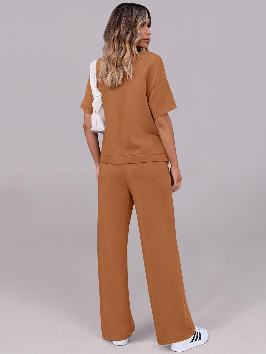 imageANRABESS Womens Lounge Sets 2 Piece Outfits Summer Casual Short Sleeve Sweatsuits Matching Tracksuits Wide Leg Pant SetRust