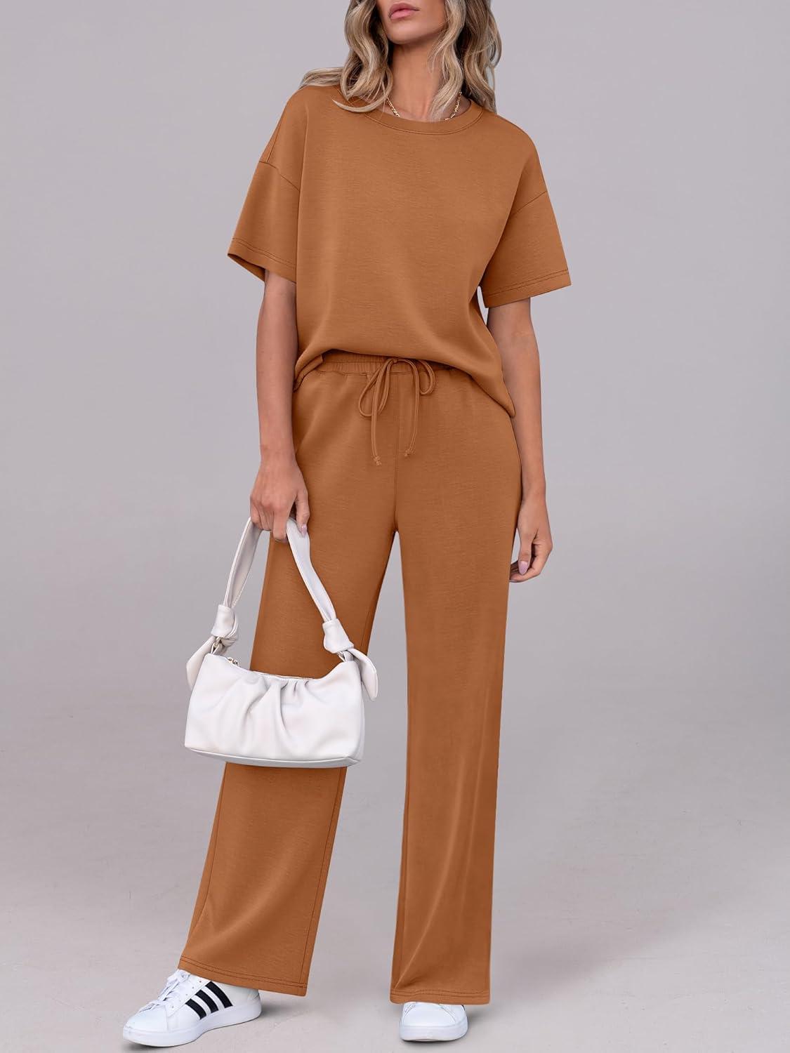 imageANRABESS Womens Lounge Sets 2 Piece Outfits Summer Casual Short Sleeve Sweatsuits Matching Tracksuits Wide Leg Pant SetRust