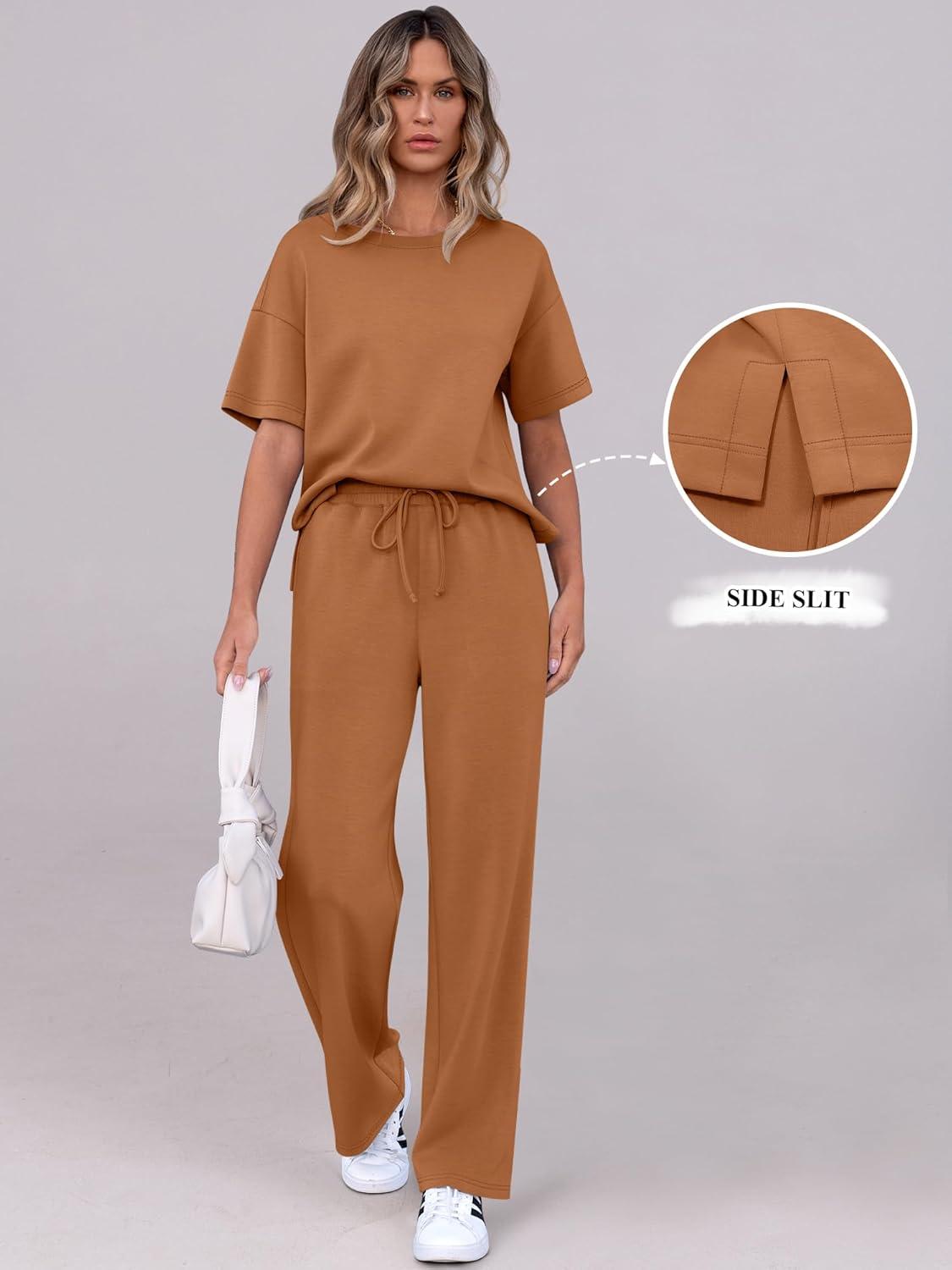 imageANRABESS Womens Lounge Sets 2 Piece Outfits Summer Casual Short Sleeve Sweatsuits Matching Tracksuits Wide Leg Pant SetRust