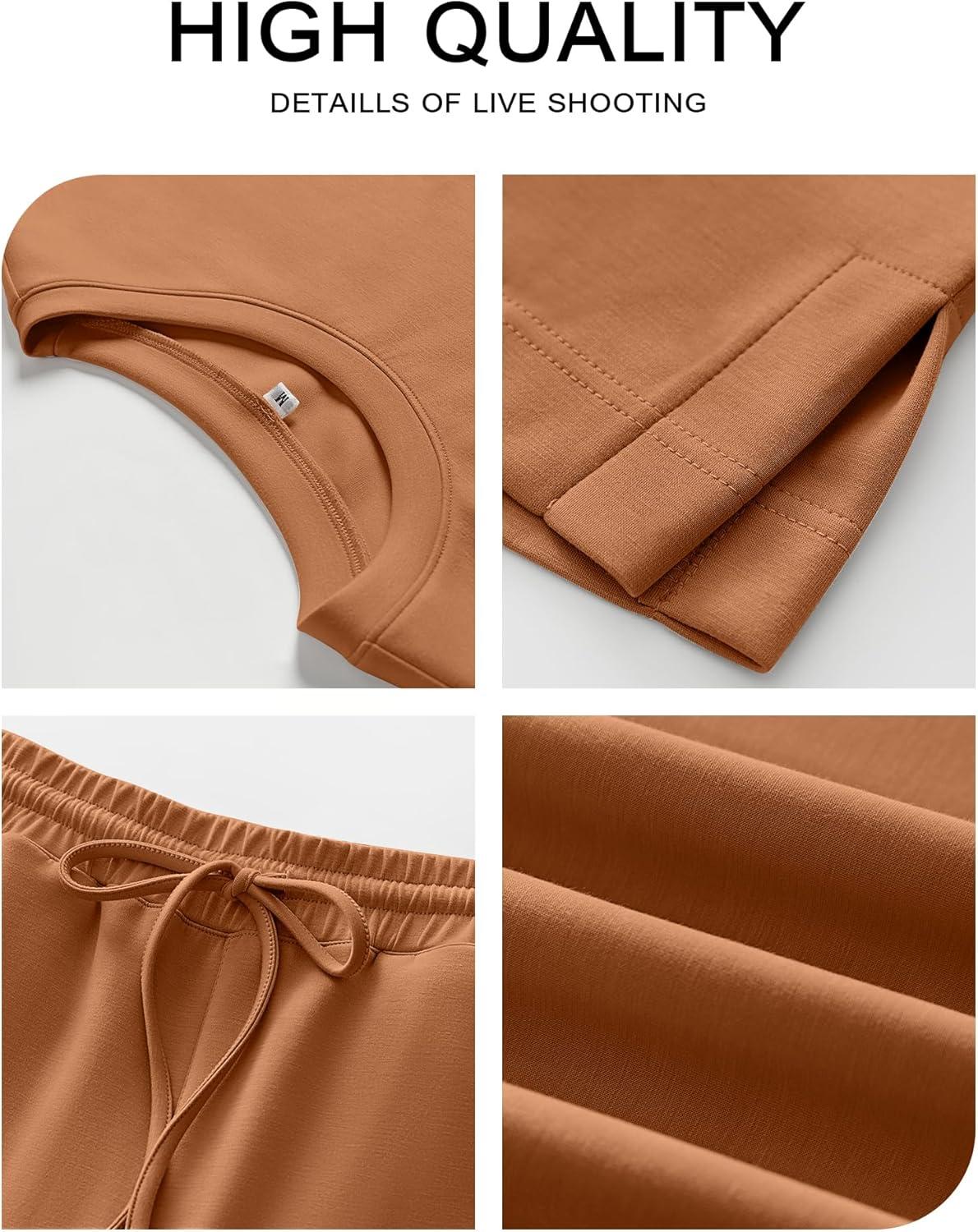 imageANRABESS Womens Lounge Sets 2 Piece Outfits Summer Casual Short Sleeve Sweatsuits Matching Tracksuits Wide Leg Pant SetRust