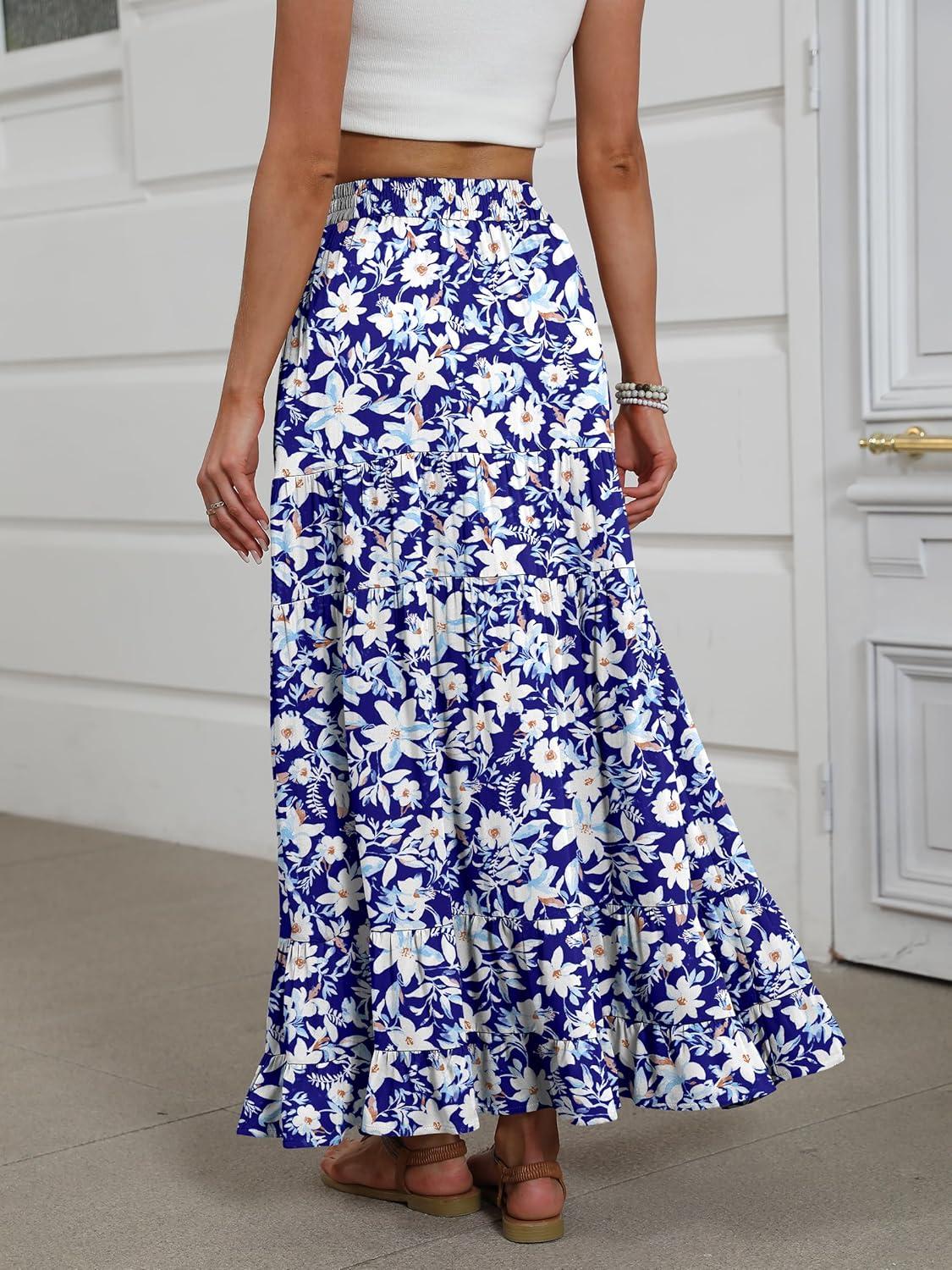 imageANRABESS Womens Maxi Skirt Elastic High Waist Swing Tiered Aline Flowy Pleated Boho Beach Vacation Long SkirtsFloral Blue