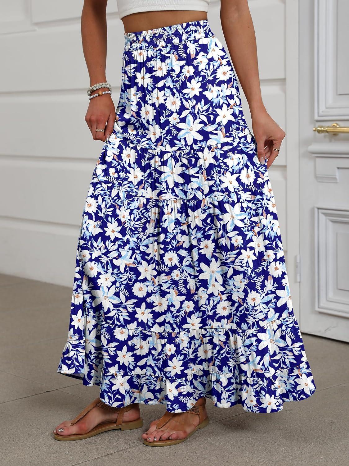 imageANRABESS Womens Maxi Skirt Elastic High Waist Swing Tiered Aline Flowy Pleated Boho Beach Vacation Long SkirtsFloral Blue