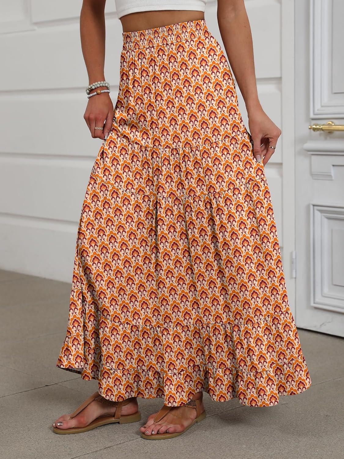 imageANRABESS Womens Maxi Skirt Elastic High Waist Swing Tiered Aline Flowy Pleated Boho Beach Vacation Long SkirtsFloral Orange