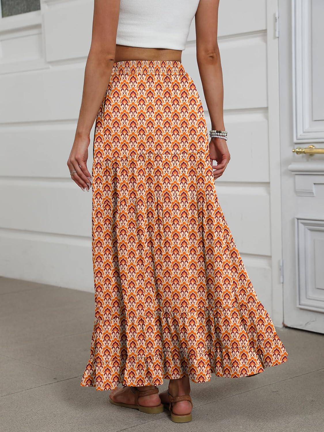 imageANRABESS Womens Maxi Skirt Elastic High Waist Swing Tiered Aline Flowy Pleated Boho Beach Vacation Long SkirtsFloral Orange