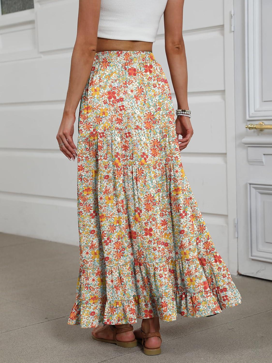 imageANRABESS Womens Maxi Skirt Elastic High Waist Swing Tiered Aline Flowy Pleated Boho Beach Vacation Long SkirtsFloral Orange Red