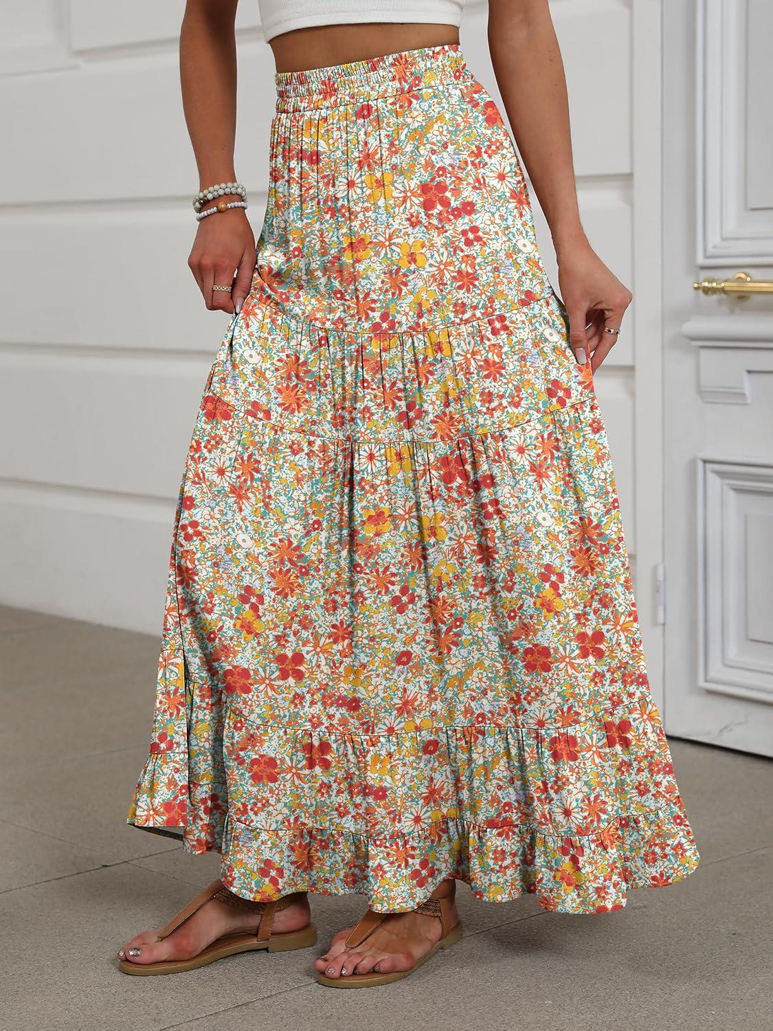 imageANRABESS Womens Maxi Skirt Elastic High Waist Swing Tiered Aline Flowy Pleated Boho Beach Vacation Long SkirtsFloral Orange Red