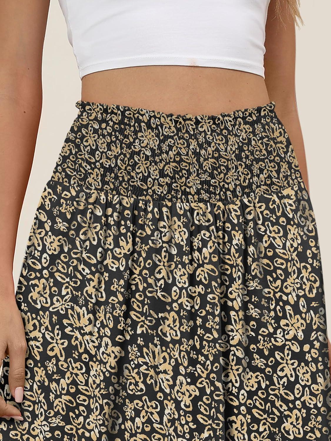 imageANRABESS Womens Maxi Skirts Summer Boho Floral High Waisted Flowy Swing Pleated Beach Long Skirt with PocketsFloral Black Gold