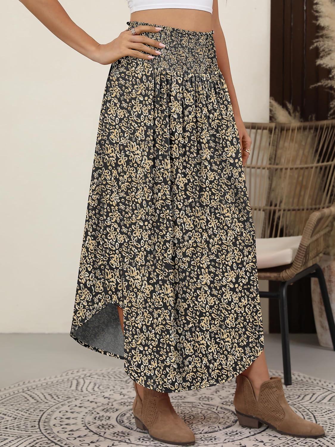 imageANRABESS Womens Maxi Skirts Summer Boho Floral High Waisted Flowy Swing Pleated Beach Long Skirt with PocketsFloral Black Gold