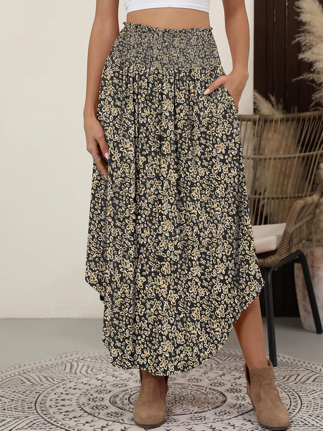 imageANRABESS Womens Maxi Skirts Summer Boho Floral High Waisted Flowy Swing Pleated Beach Long Skirt with PocketsFloral Black Gold
