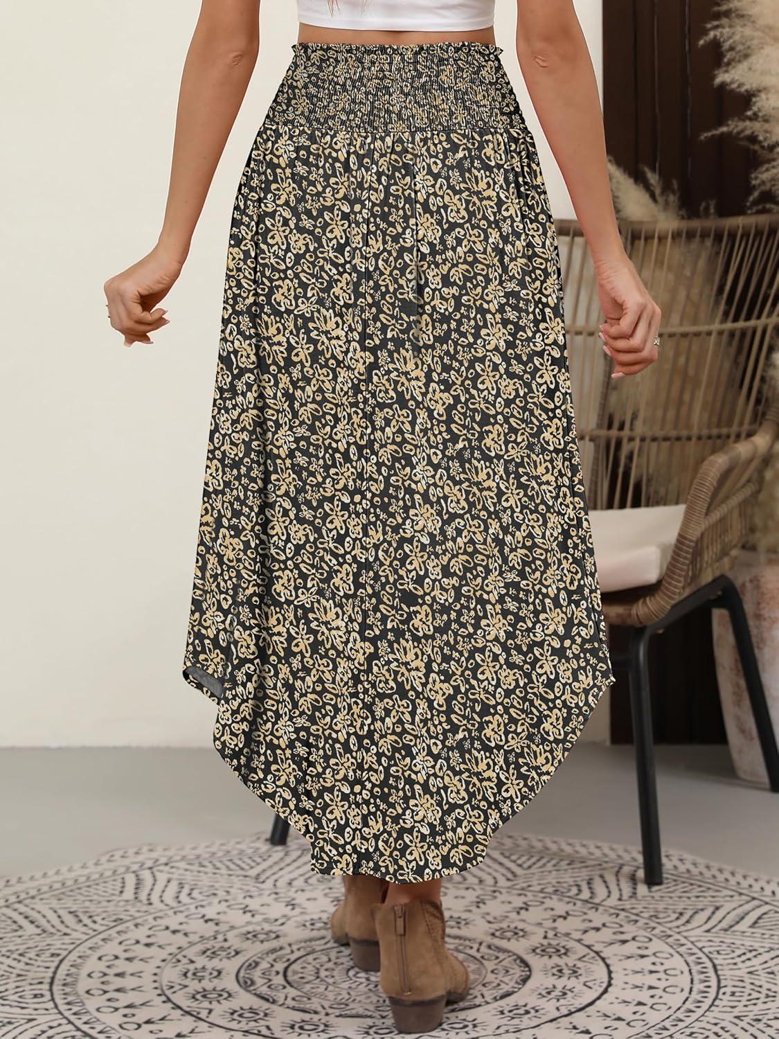 imageANRABESS Womens Maxi Skirts Summer Boho Floral High Waisted Flowy Swing Pleated Beach Long Skirt with PocketsFloral Black Gold