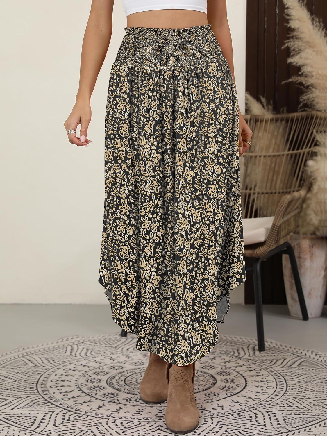 imageANRABESS Womens Maxi Skirts Summer Boho Floral High Waisted Flowy Swing Pleated Beach Long Skirt with PocketsFloral Black Gold