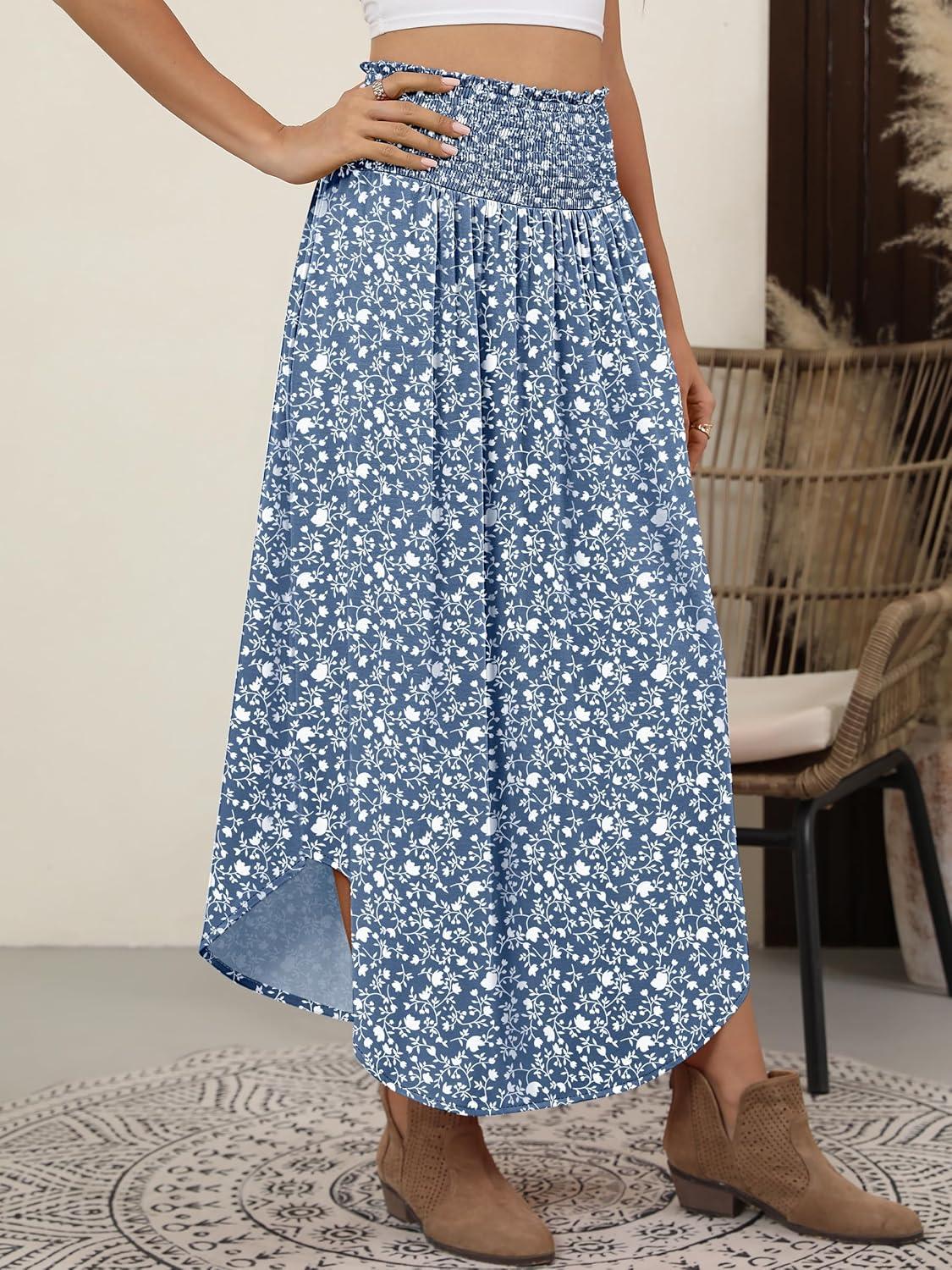 imageANRABESS Womens Maxi Skirts Summer Boho Floral High Waisted Flowy Swing Pleated Beach Long Skirt with PocketsFloral Blue