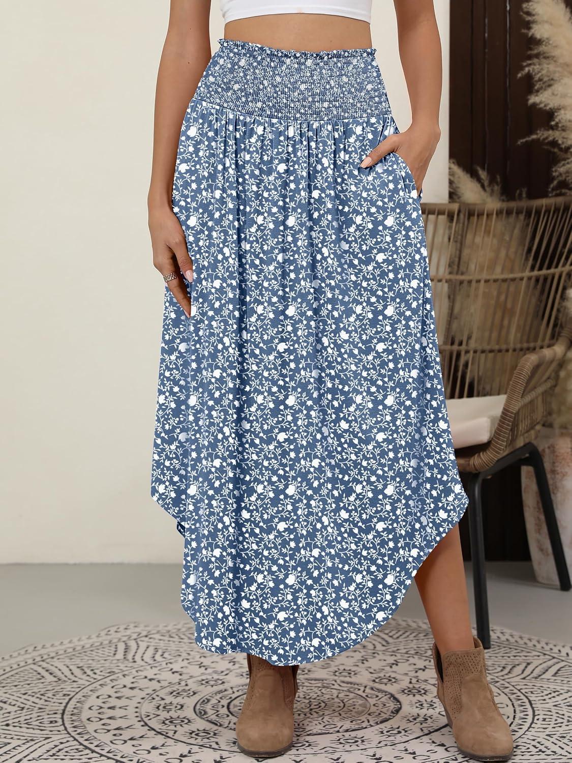 imageANRABESS Womens Maxi Skirts Summer Boho Floral High Waisted Flowy Swing Pleated Beach Long Skirt with PocketsFloral Blue