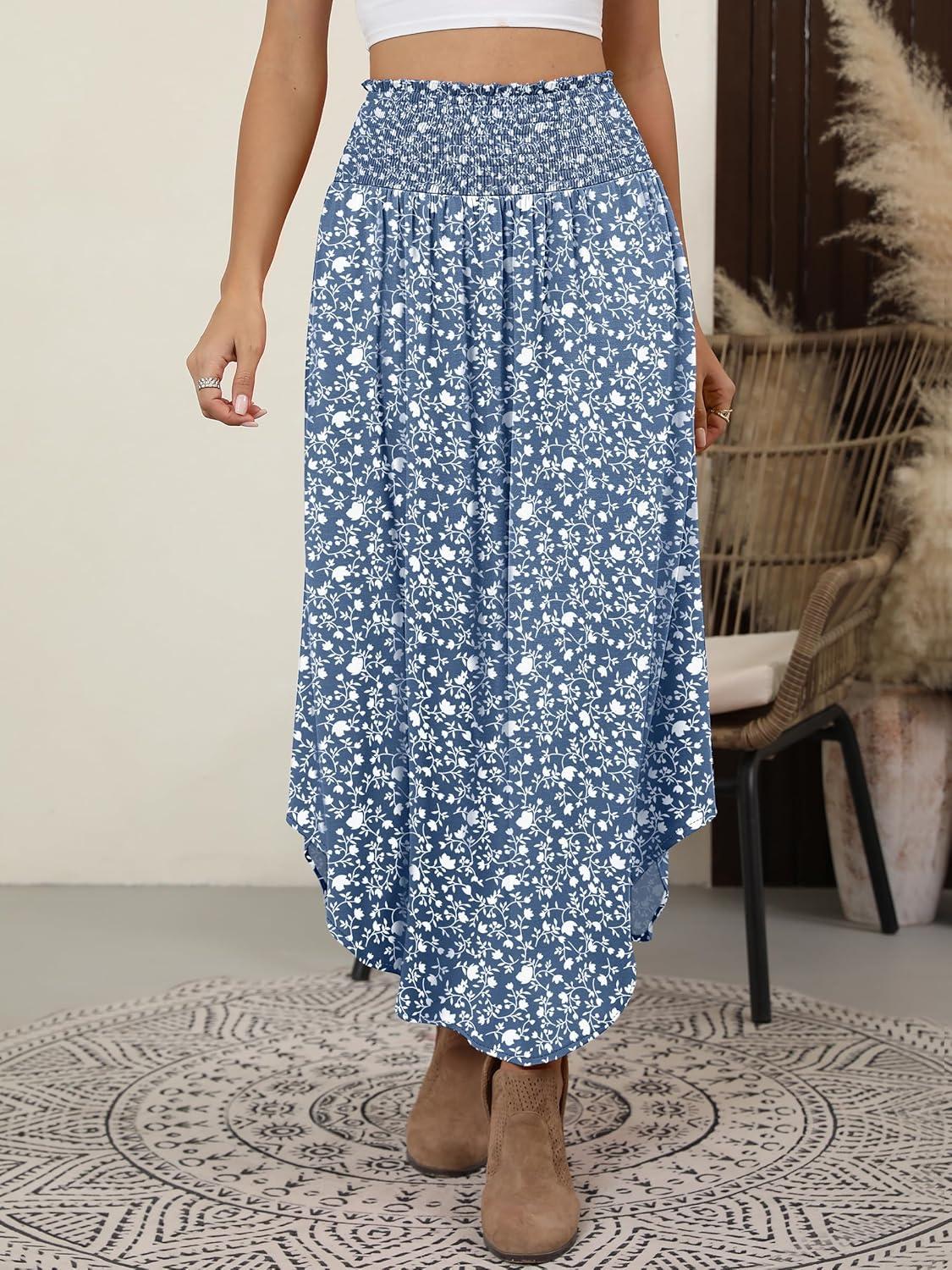 imageANRABESS Womens Maxi Skirts Summer Boho Floral High Waisted Flowy Swing Pleated Beach Long Skirt with PocketsFloral Blue