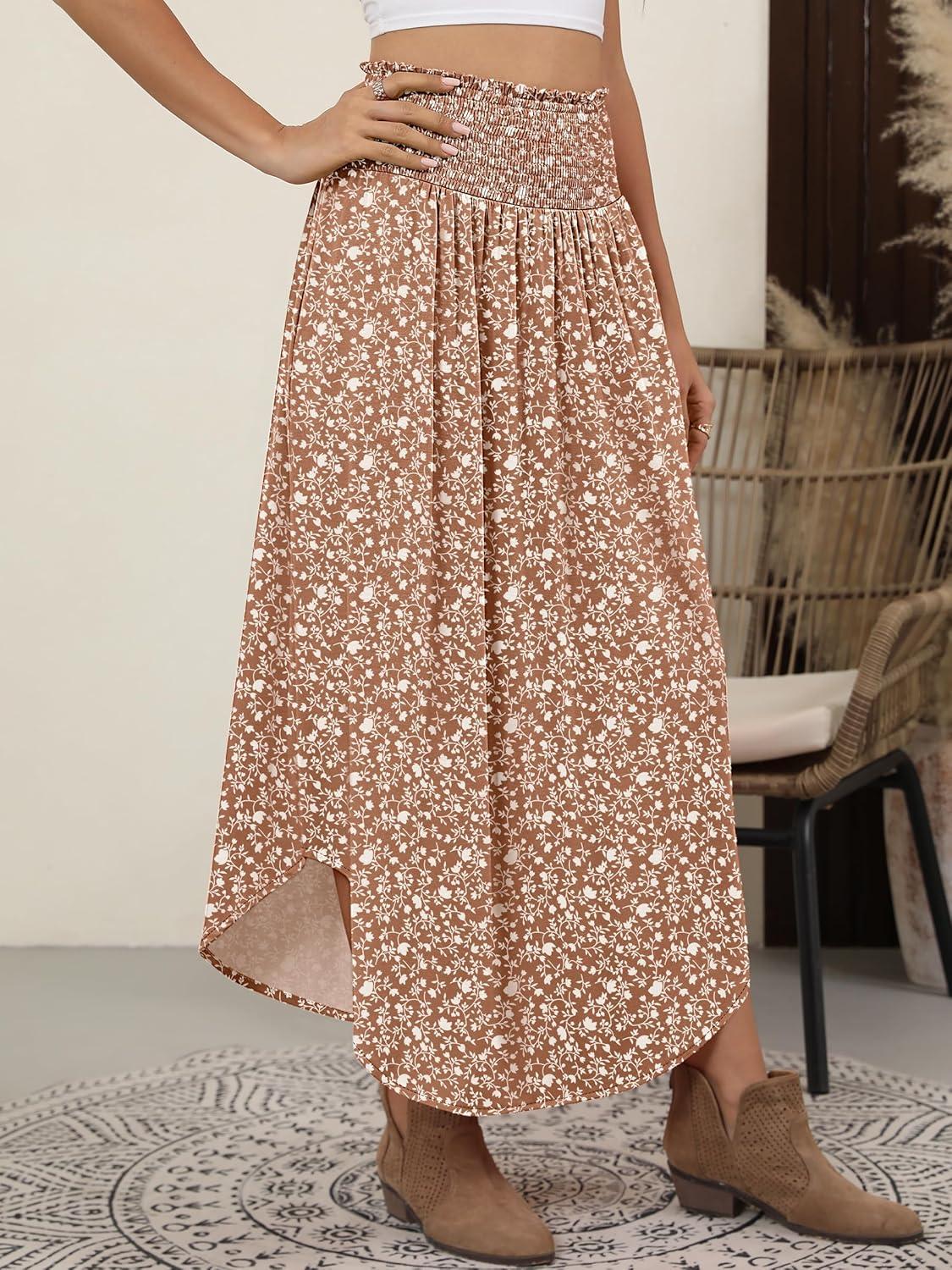 imageANRABESS Womens Maxi Skirts Summer Boho Floral High Waisted Flowy Swing Pleated Beach Long Skirt with PocketsFloral Brown