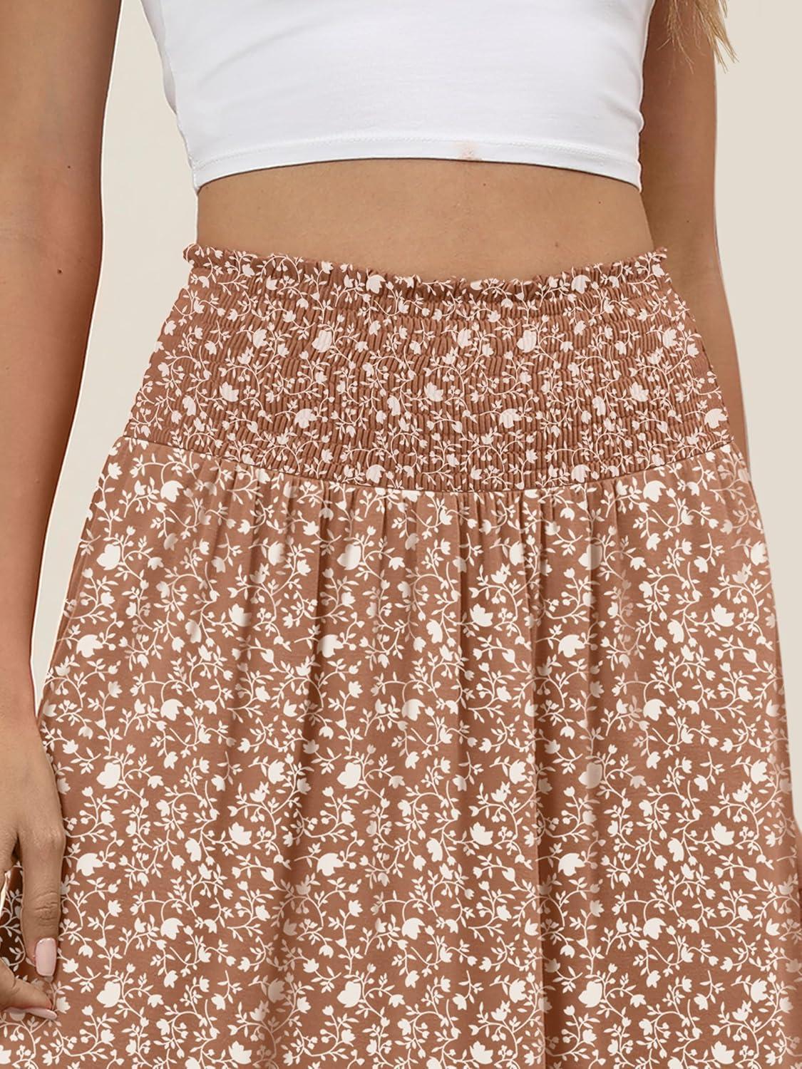 imageANRABESS Womens Maxi Skirts Summer Boho Floral High Waisted Flowy Swing Pleated Beach Long Skirt with PocketsFloral Brown