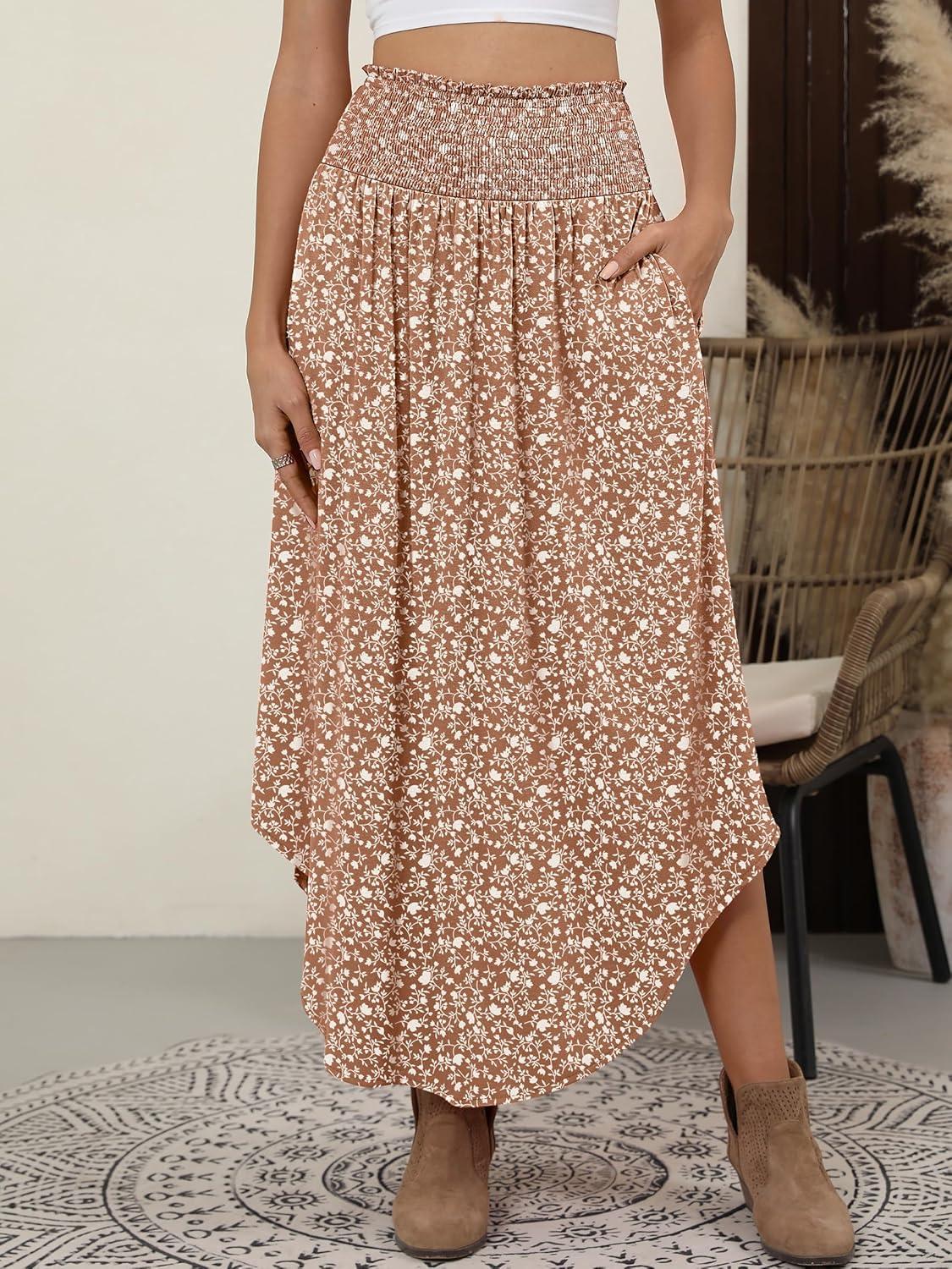 imageANRABESS Womens Maxi Skirts Summer Boho Floral High Waisted Flowy Swing Pleated Beach Long Skirt with PocketsFloral Brown
