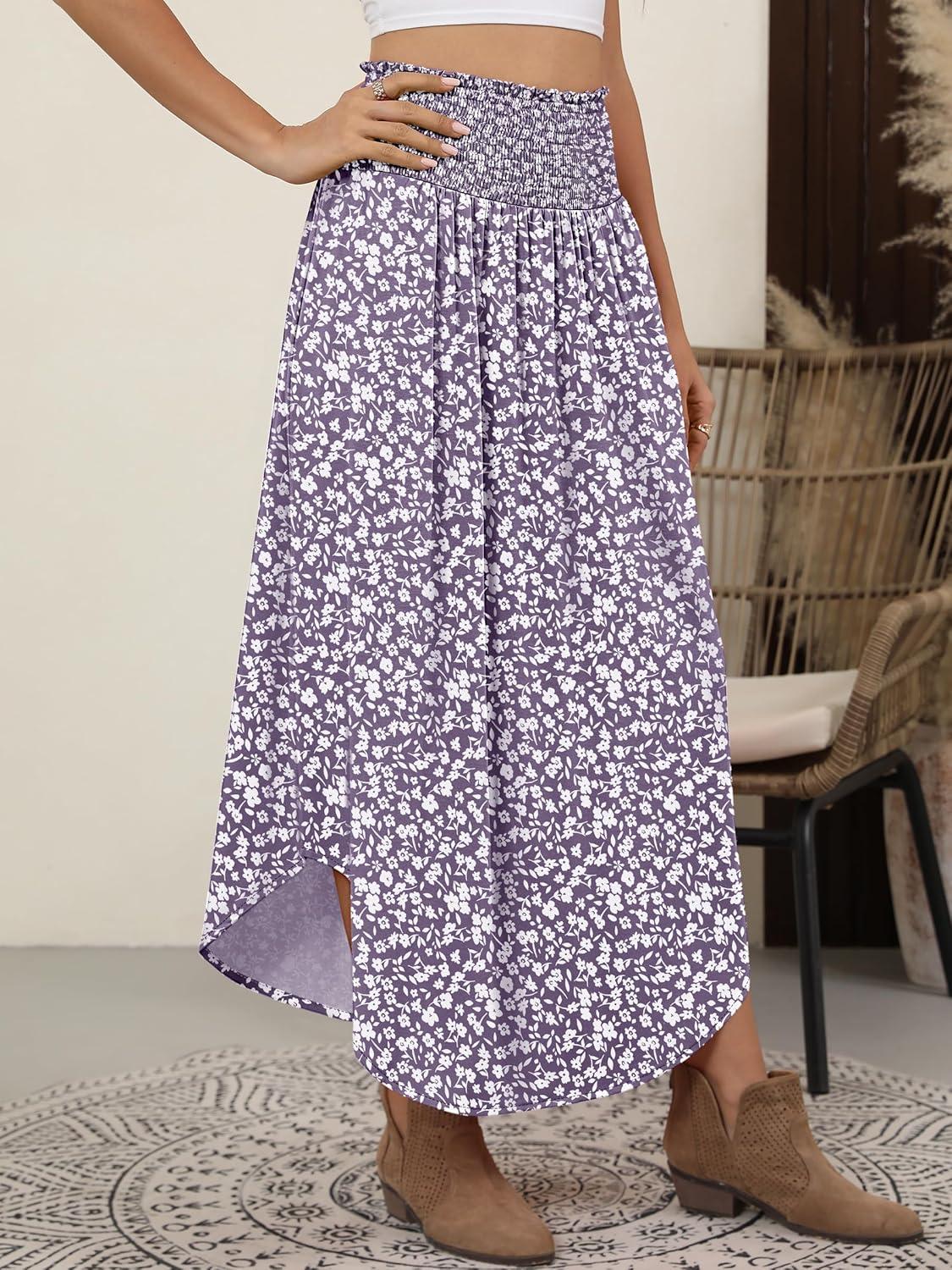 imageANRABESS Womens Maxi Skirts Summer Boho Floral High Waisted Flowy Swing Pleated Beach Long Skirt with PocketsFloral Gray Purple