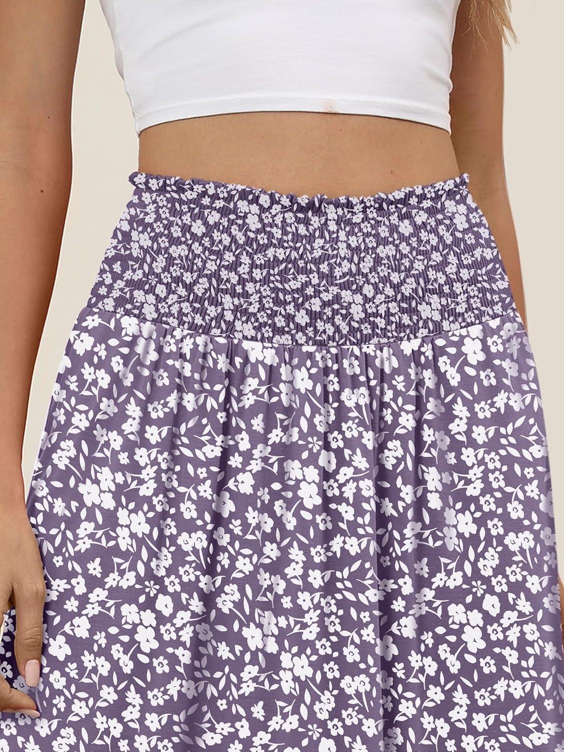 imageANRABESS Womens Maxi Skirts Summer Boho Floral High Waisted Flowy Swing Pleated Beach Long Skirt with PocketsFloral Gray Purple