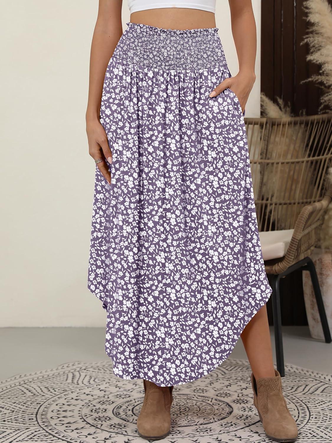 imageANRABESS Womens Maxi Skirts Summer Boho Floral High Waisted Flowy Swing Pleated Beach Long Skirt with PocketsFloral Gray Purple