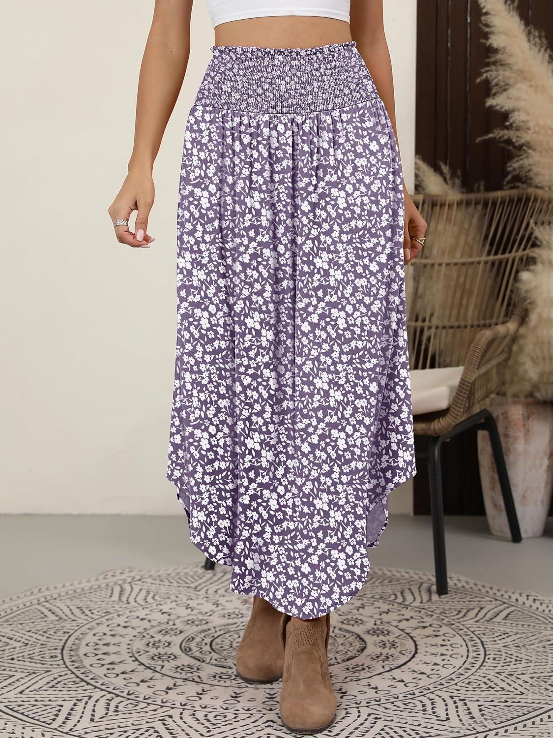imageANRABESS Womens Maxi Skirts Summer Boho Floral High Waisted Flowy Swing Pleated Beach Long Skirt with PocketsFloral Gray Purple