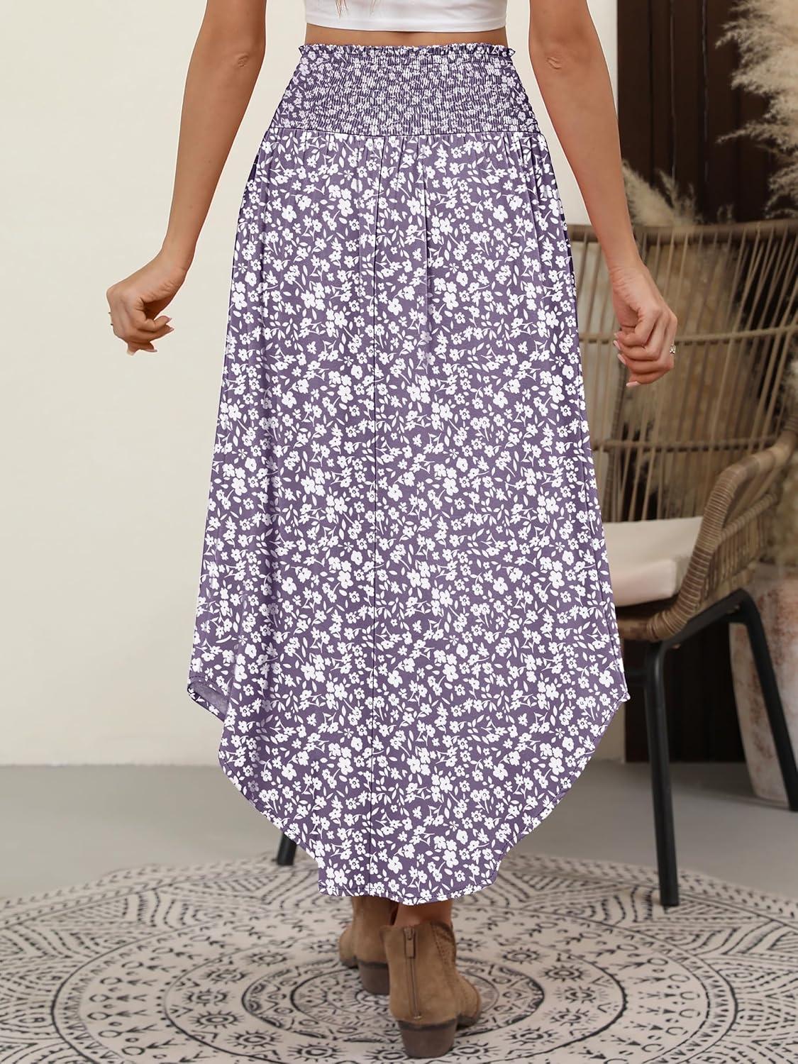 imageANRABESS Womens Maxi Skirts Summer Boho Floral High Waisted Flowy Swing Pleated Beach Long Skirt with PocketsFloral Gray Purple