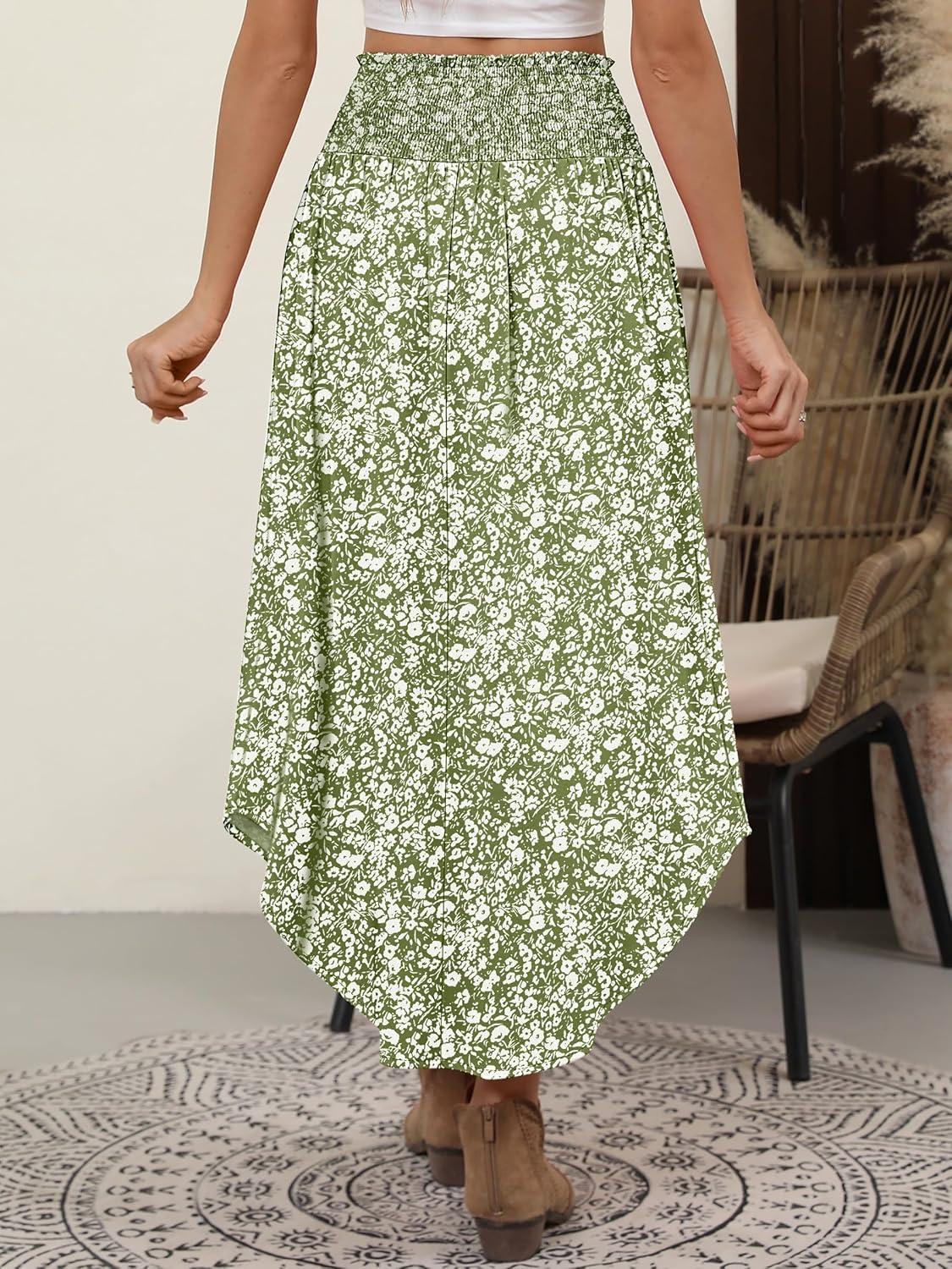 imageANRABESS Womens Maxi Skirts Summer Boho Floral High Waisted Flowy Swing Pleated Beach Long Skirt with PocketsFloral Green