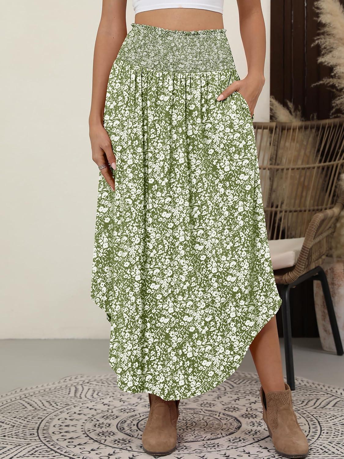 imageANRABESS Womens Maxi Skirts Summer Boho Floral High Waisted Flowy Swing Pleated Beach Long Skirt with PocketsFloral Green