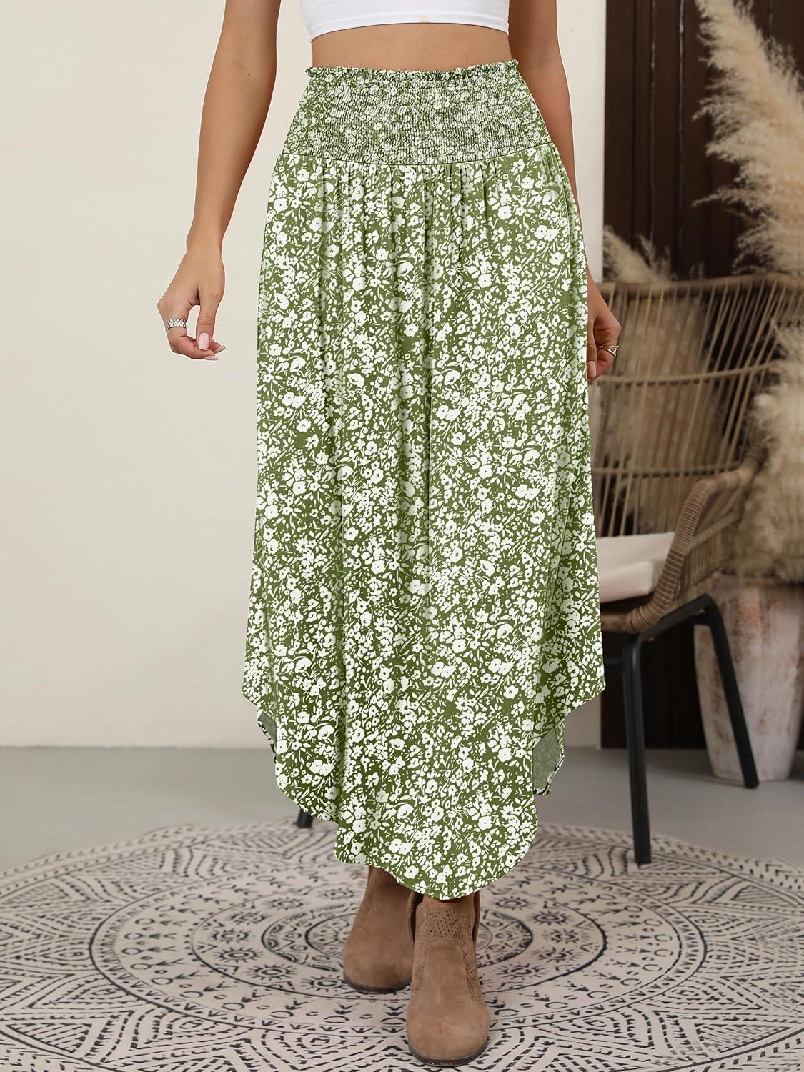 imageANRABESS Womens Maxi Skirts Summer Boho Floral High Waisted Flowy Swing Pleated Beach Long Skirt with PocketsFloral Green