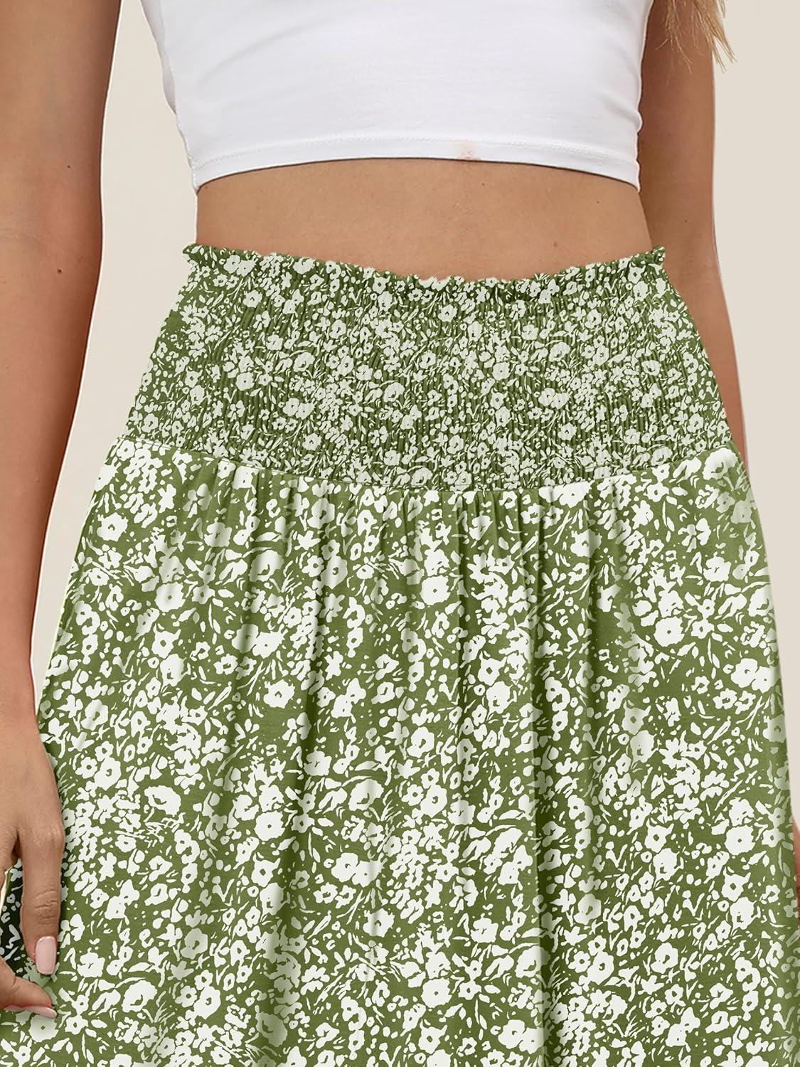 imageANRABESS Womens Maxi Skirts Summer Boho Floral High Waisted Flowy Swing Pleated Beach Long Skirt with PocketsFloral Green