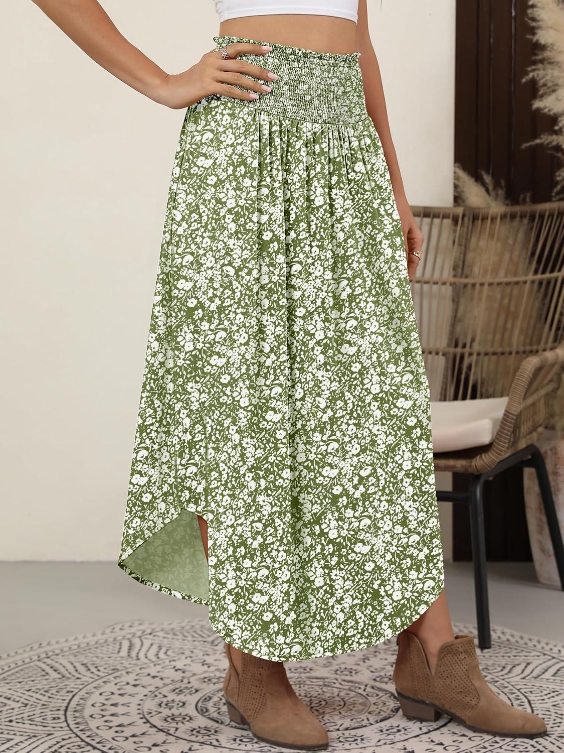 imageANRABESS Womens Maxi Skirts Summer Boho Floral High Waisted Flowy Swing Pleated Beach Long Skirt with PocketsFloral Green