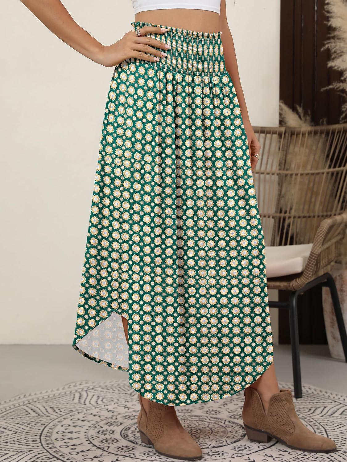 imageANRABESS Womens Maxi Skirts Summer Boho Floral High Waisted Flowy Swing Pleated Beach Long Skirt with PocketsFloral Green Brown