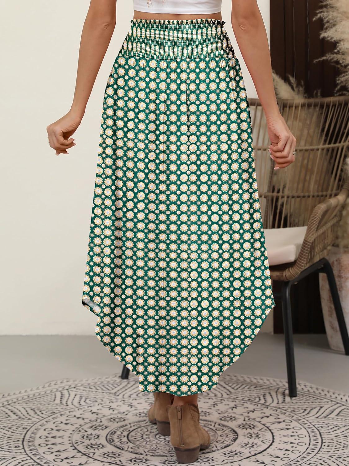 imageANRABESS Womens Maxi Skirts Summer Boho Floral High Waisted Flowy Swing Pleated Beach Long Skirt with PocketsFloral Green Brown