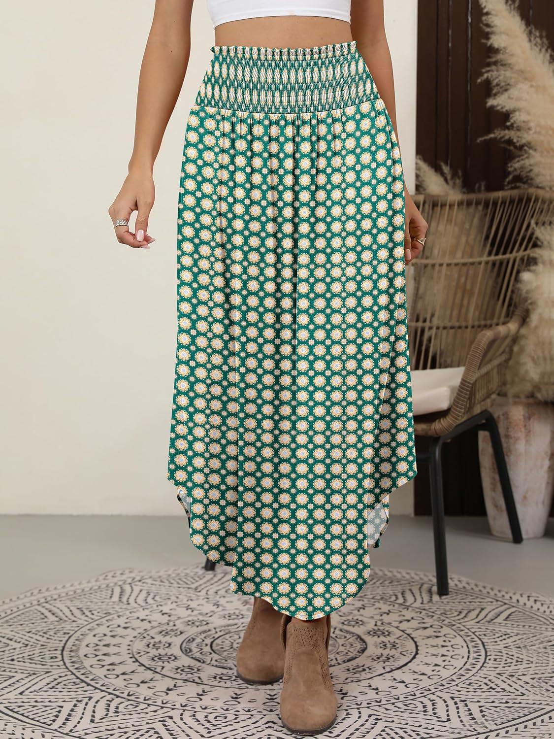 imageANRABESS Womens Maxi Skirts Summer Boho Floral High Waisted Flowy Swing Pleated Beach Long Skirt with PocketsFloral Green Brown