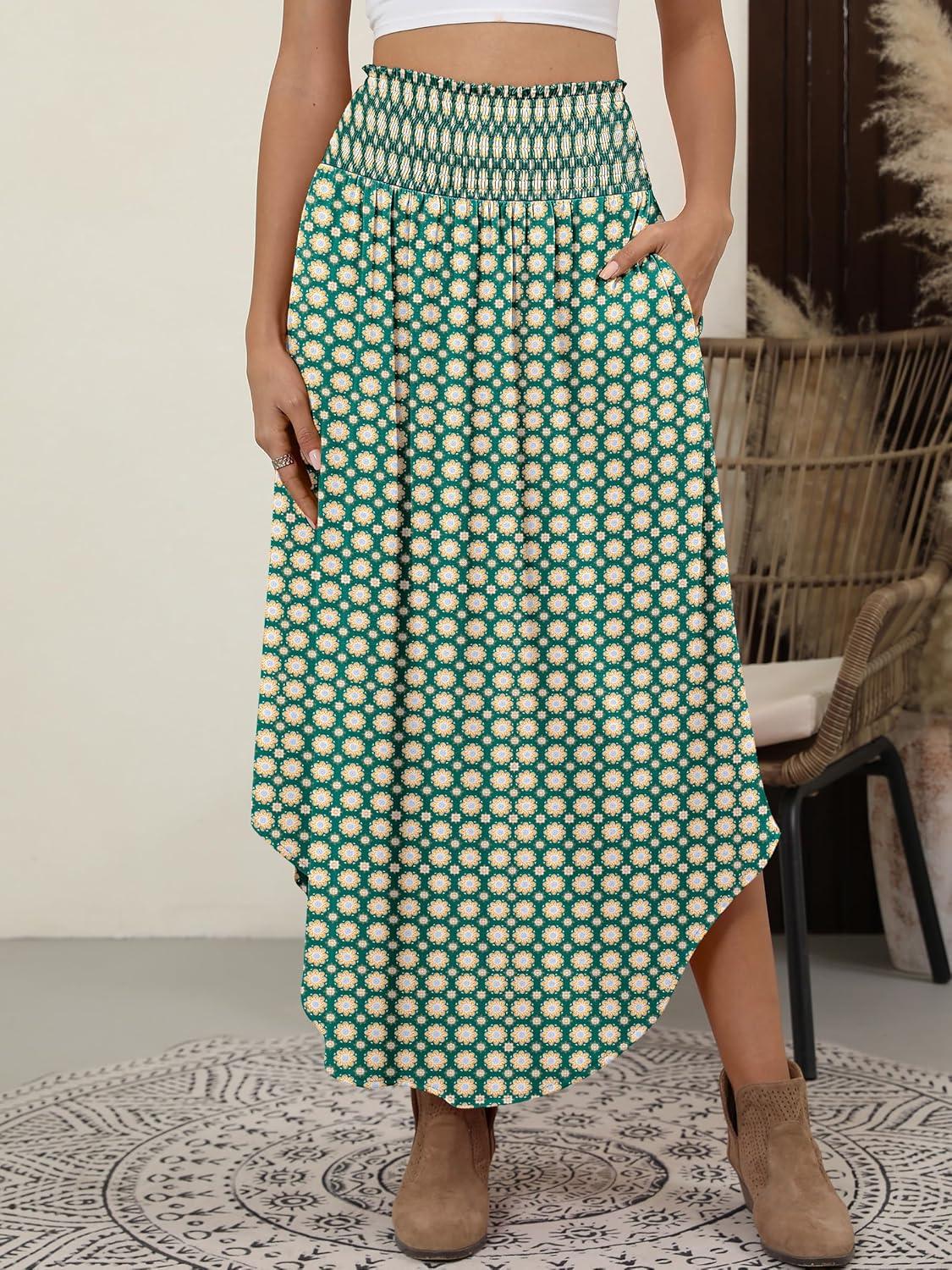 imageANRABESS Womens Maxi Skirts Summer Boho Floral High Waisted Flowy Swing Pleated Beach Long Skirt with PocketsFloral Green Brown