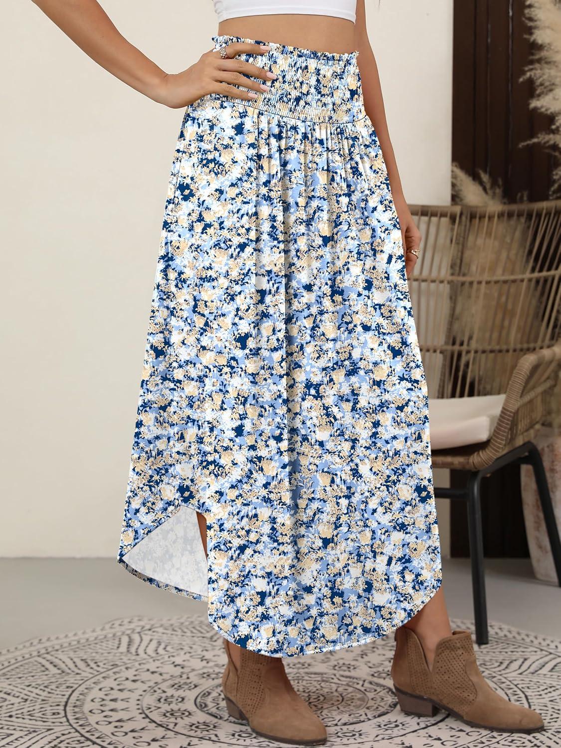 imageANRABESS Womens Maxi Skirts Summer Boho Floral High Waisted Flowy Swing Pleated Beach Long Skirt with PocketsFloral Light Blue