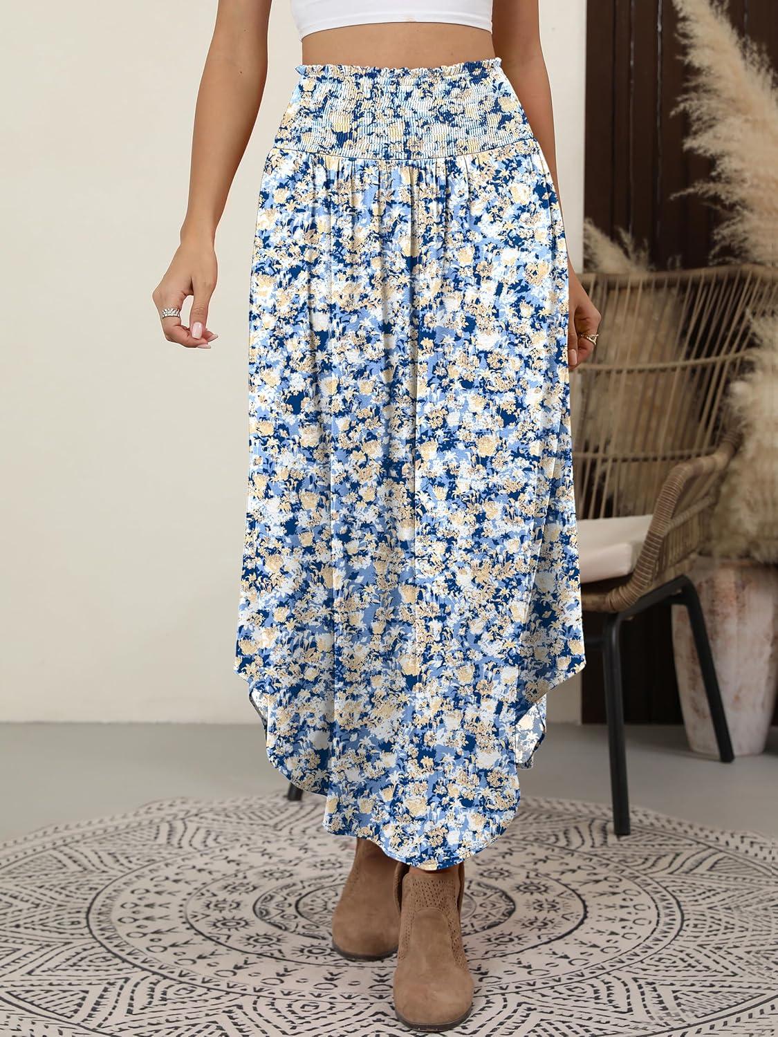 imageANRABESS Womens Maxi Skirts Summer Boho Floral High Waisted Flowy Swing Pleated Beach Long Skirt with PocketsFloral Light Blue