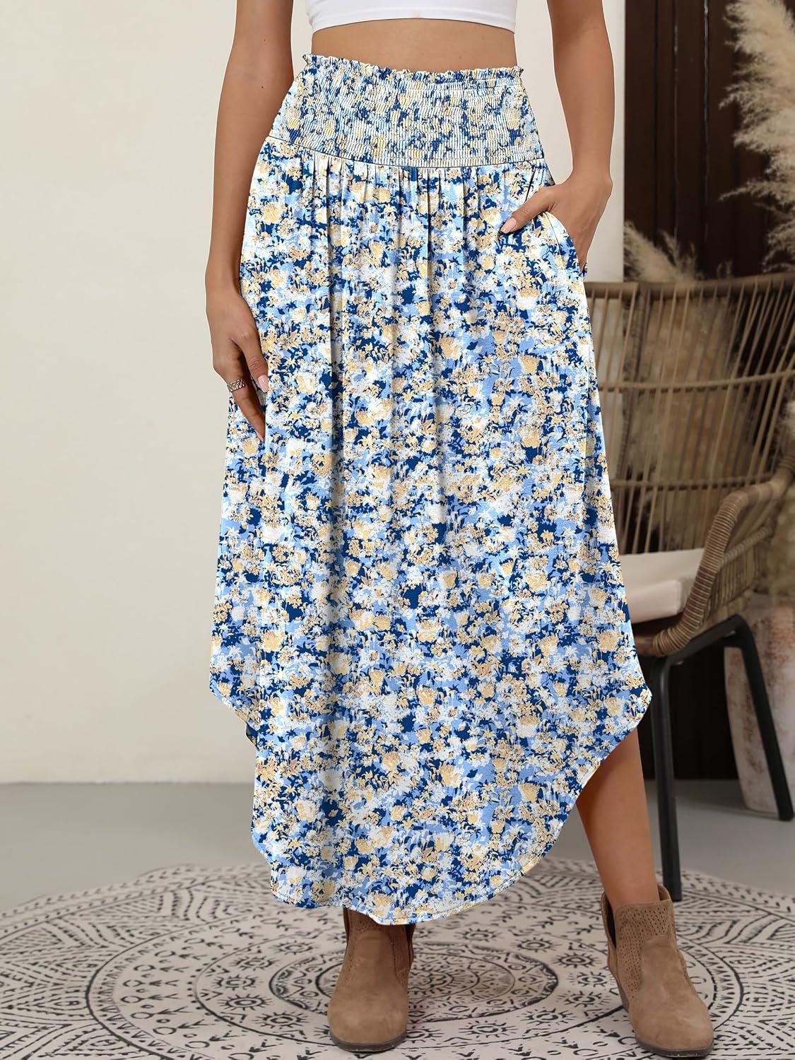 imageANRABESS Womens Maxi Skirts Summer Boho Floral High Waisted Flowy Swing Pleated Beach Long Skirt with PocketsFloral Light Blue