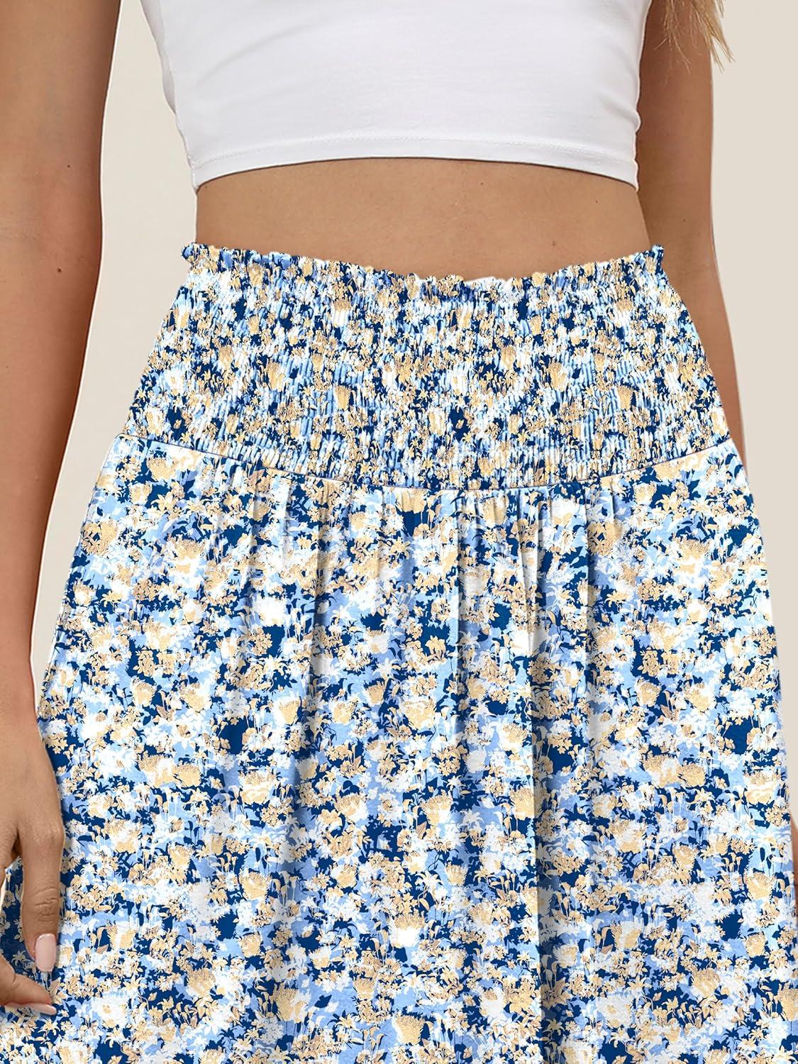 imageANRABESS Womens Maxi Skirts Summer Boho Floral High Waisted Flowy Swing Pleated Beach Long Skirt with PocketsFloral Light Blue