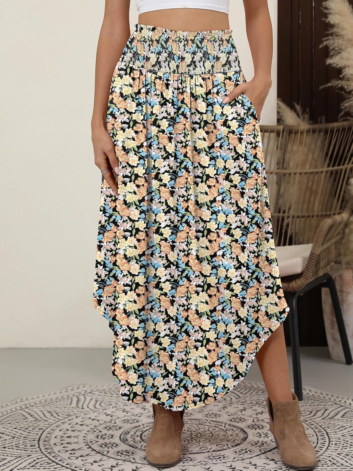 imageANRABESS Womens Maxi Skirts Summer Boho Floral High Waisted Flowy Swing Pleated Beach Long Skirt with PocketsFloral Orange Yellow