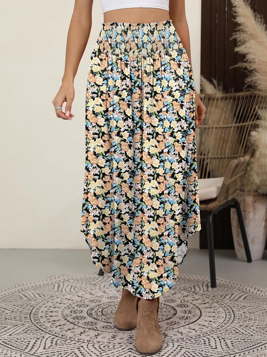 imageANRABESS Womens Maxi Skirts Summer Boho Floral High Waisted Flowy Swing Pleated Beach Long Skirt with PocketsFloral Orange Yellow