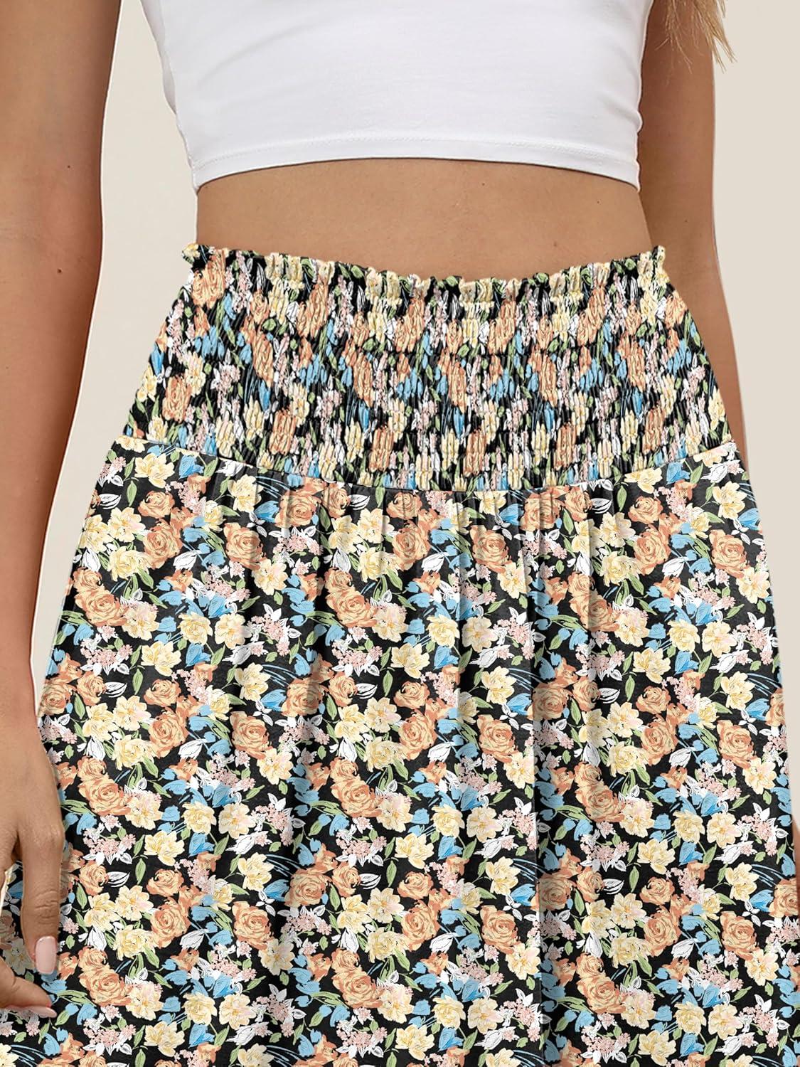 imageANRABESS Womens Maxi Skirts Summer Boho Floral High Waisted Flowy Swing Pleated Beach Long Skirt with PocketsFloral Orange Yellow