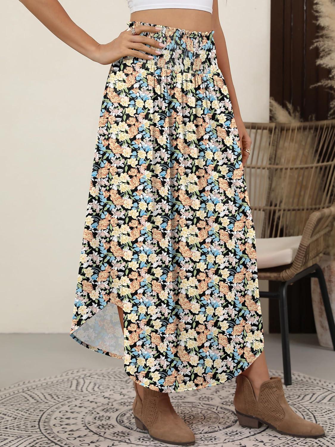 imageANRABESS Womens Maxi Skirts Summer Boho Floral High Waisted Flowy Swing Pleated Beach Long Skirt with PocketsFloral Orange Yellow