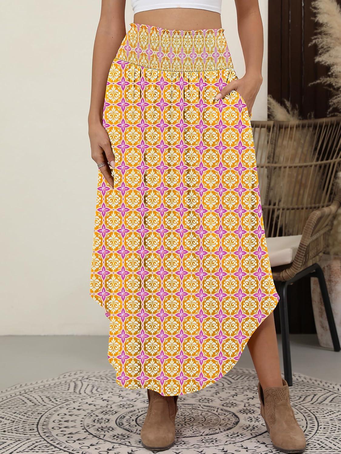 imageANRABESS Womens Maxi Skirts Summer Boho Floral High Waisted Flowy Swing Pleated Beach Long Skirt with PocketsFloral Yellow Purple