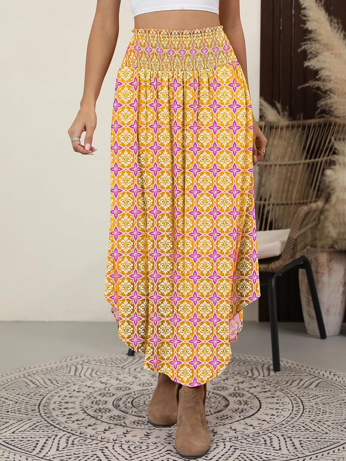 imageANRABESS Womens Maxi Skirts Summer Boho Floral High Waisted Flowy Swing Pleated Beach Long Skirt with PocketsFloral Yellow Purple